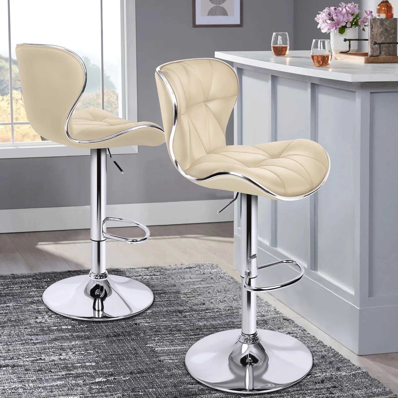 2 Alfordson 2x Bar Stools Luna Kitchen Swivel Chair Leather Gas lift - Beige, 2 of 9