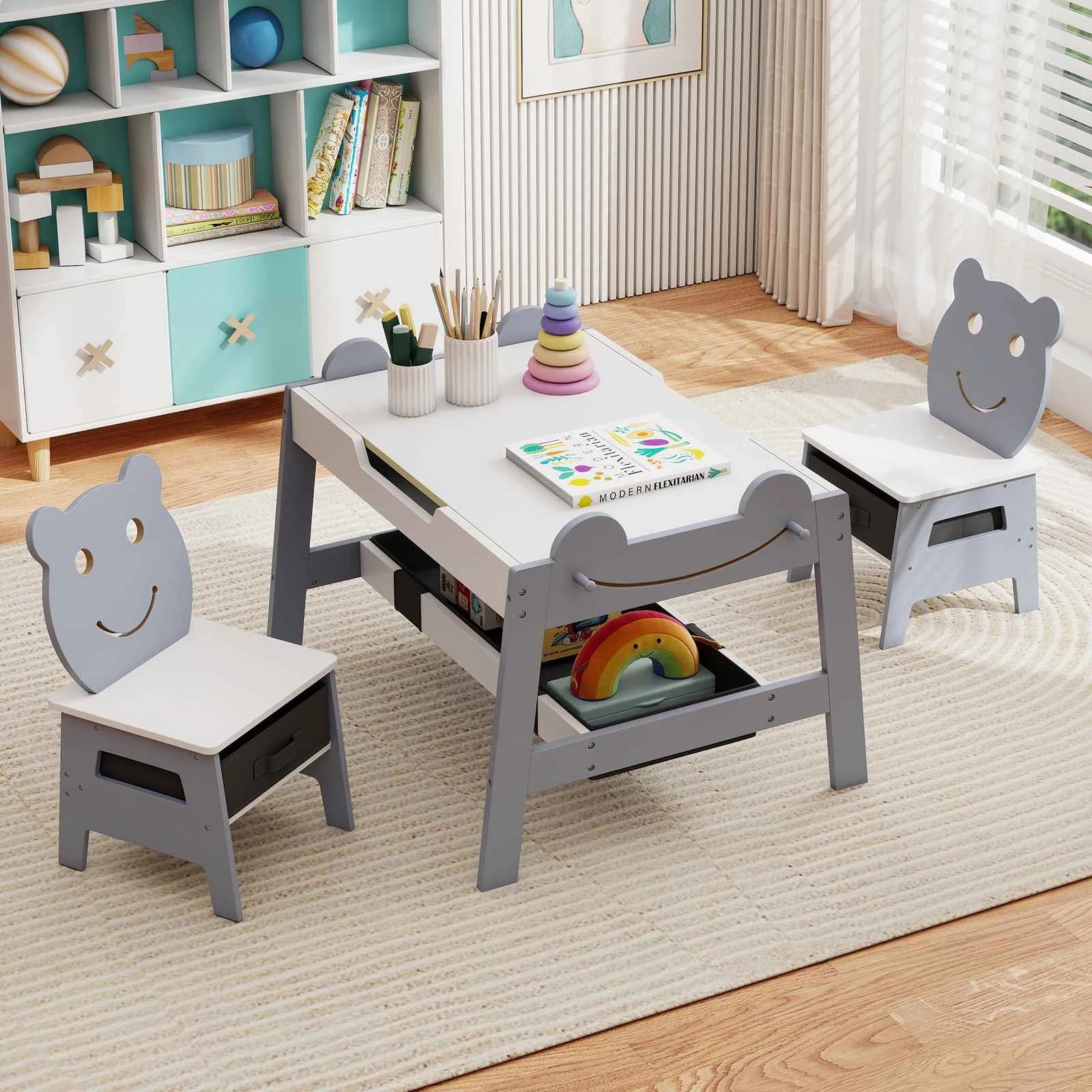 3 Costway Table Chairs Set Wooden Activity Furniture Detachable Double-sided Chalkboard Whiteboard - Grey, 3 of 3