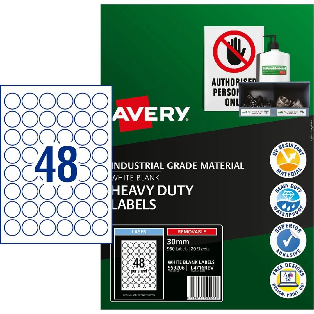 1 Avery 48UP Laser Heavy Duty Round Labels 20 Sheets White, 1 of 2