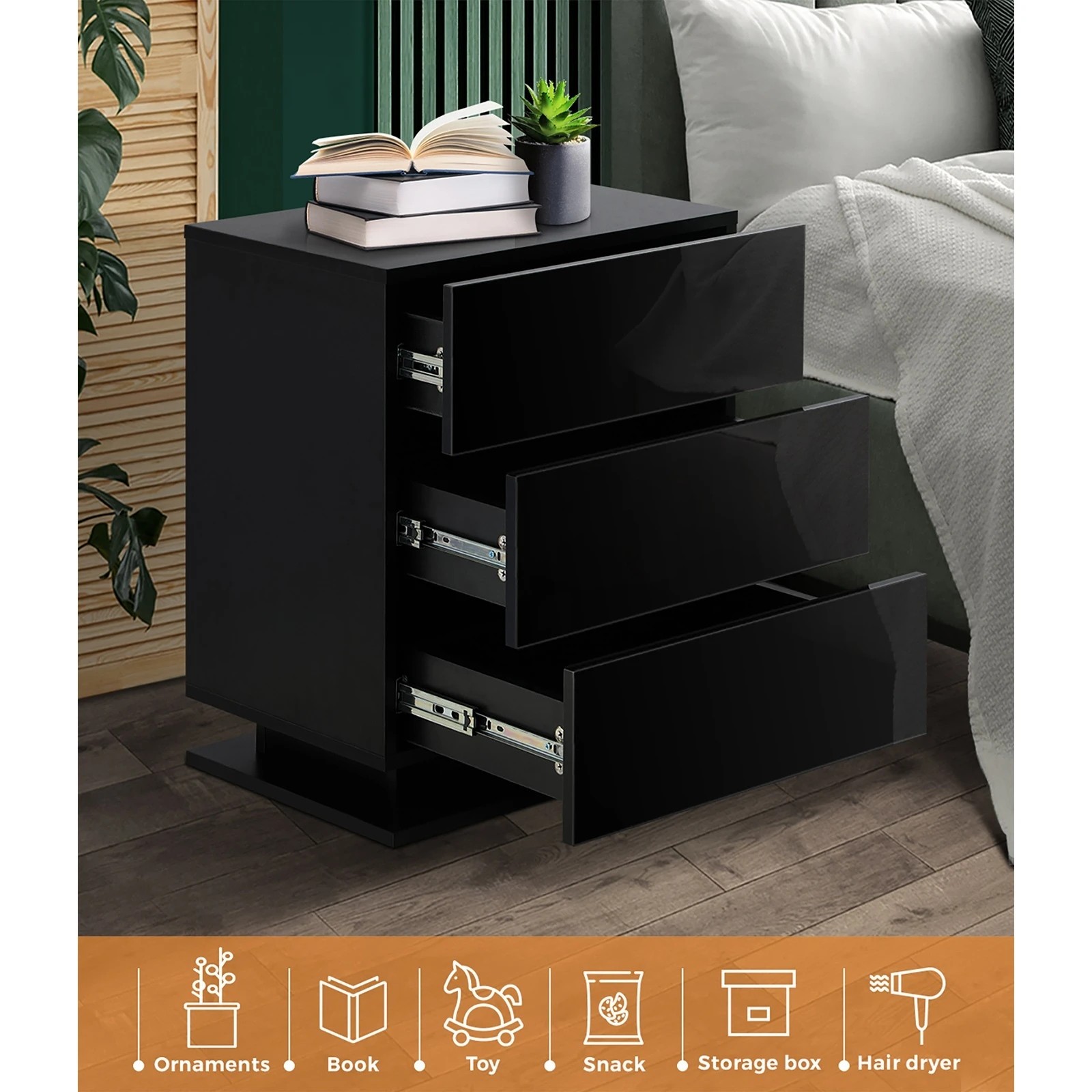 5 Oikiture Bedside Table Rgb Led Nightstand Cabinet 3 Drawers
 - Black, 5 of 10