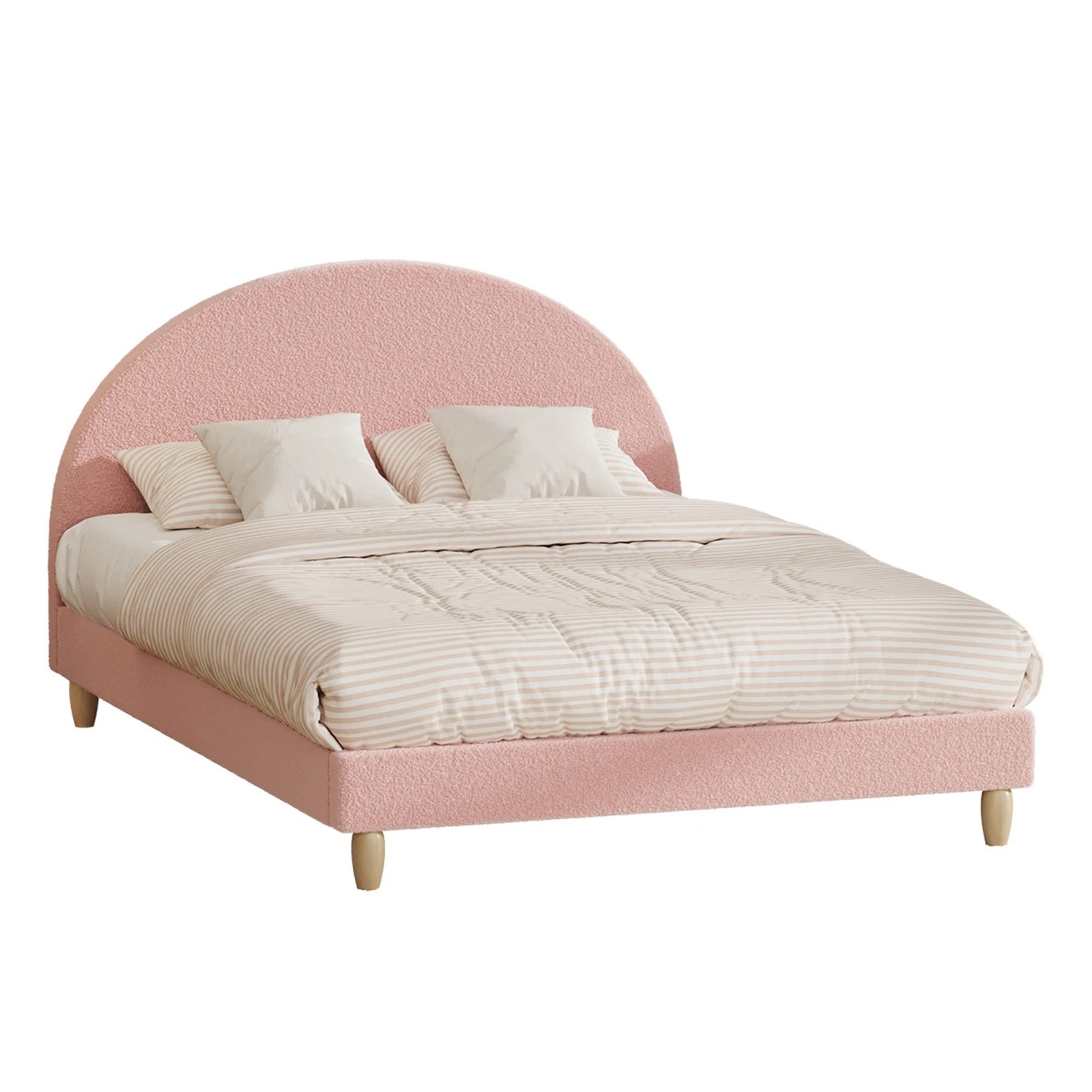 1 Oikiture Bed Frame Double Size Platform Base Arched Bedhead Boucle - Pink, 1 of 7