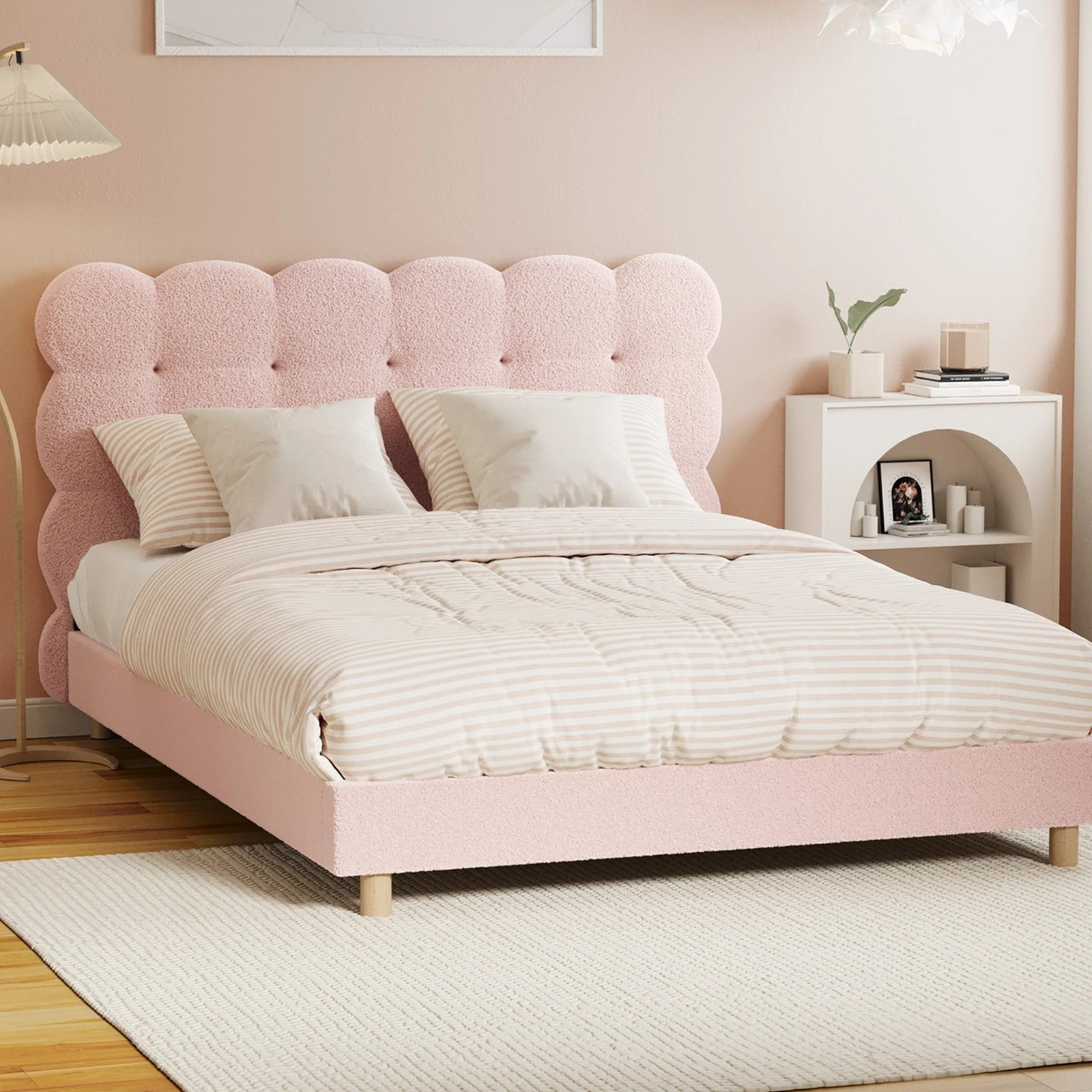 2 Oikiture Double Bed Tufted Bedhead Boucle Bed Frame
 - Pink, 2 of 10