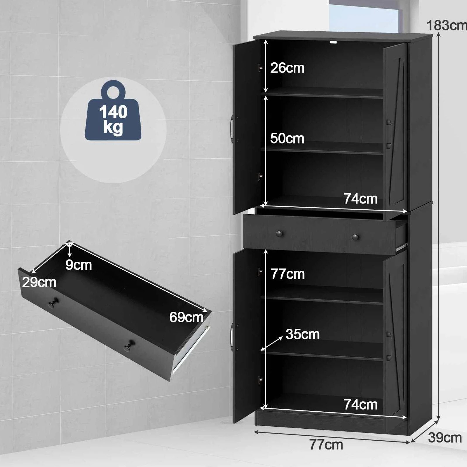 2 Costway 183cm Tall Kitchen Pantry Modern Cupboard Cabinet w/4 Barn Doors - Black, 2 of 3
