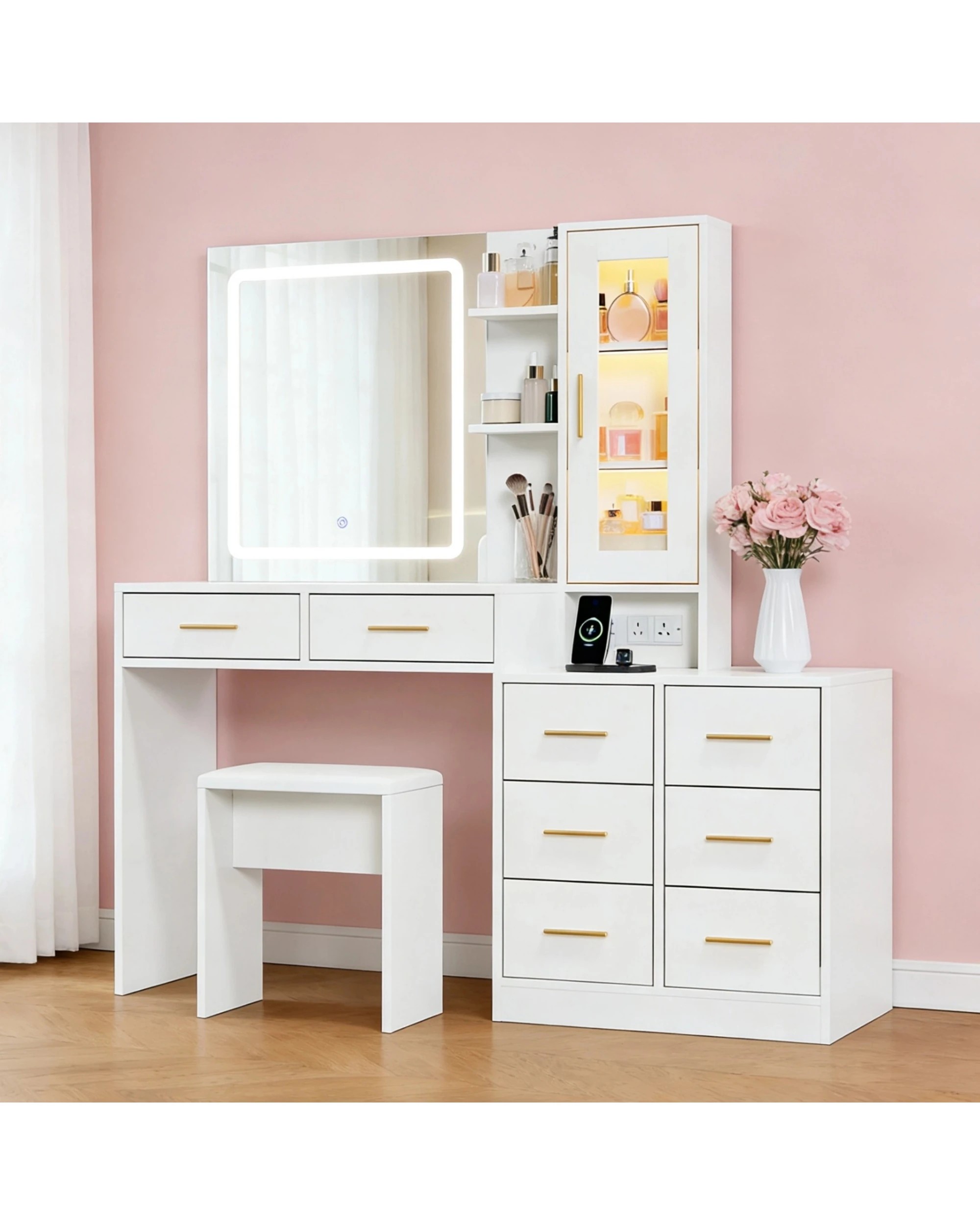 6 Advwin Dressing Table with LED Mirror RGB Cabinet 8 Drawers & Charging Station - White, 6 of 9