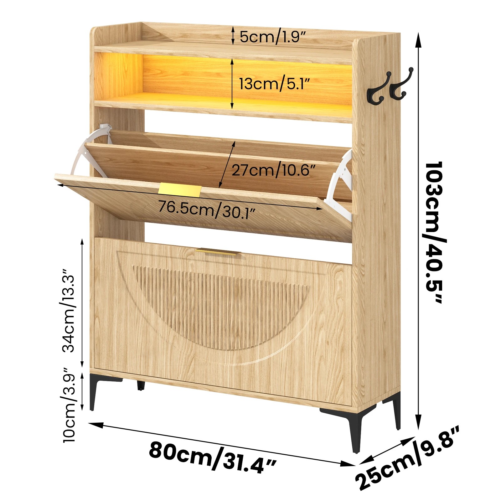 9 Advwin LED Shoe Storage Cabinet w/ Flip Drawers and Open Shelf Shoe Organizer Narrow Shoe Rack Cabinet with Hook, 9 of 10