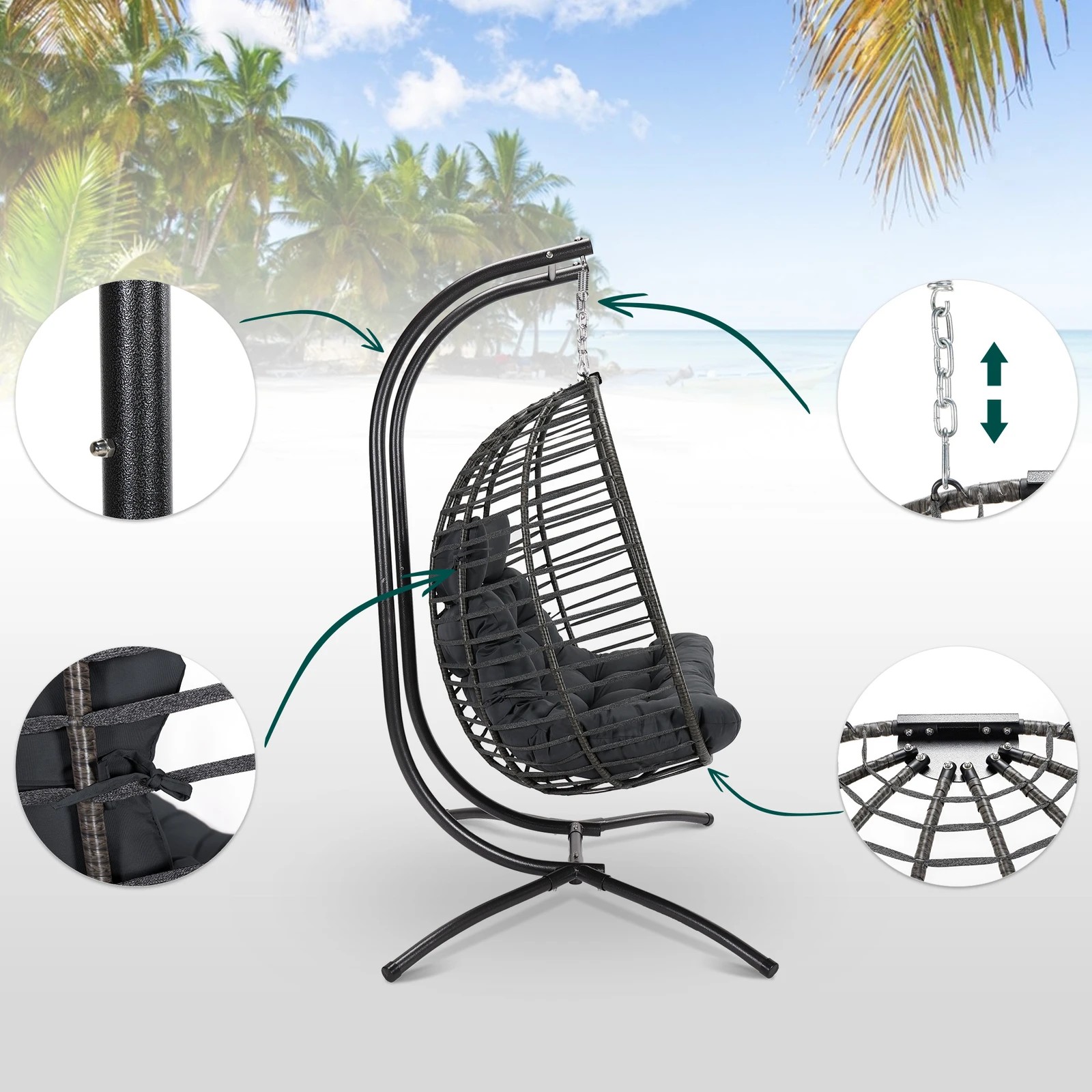 7 Alfordson Outdoor Egg Swing Chair 2 Seater Wicker Rattan Pod Hanging - Grey, 7 of 10