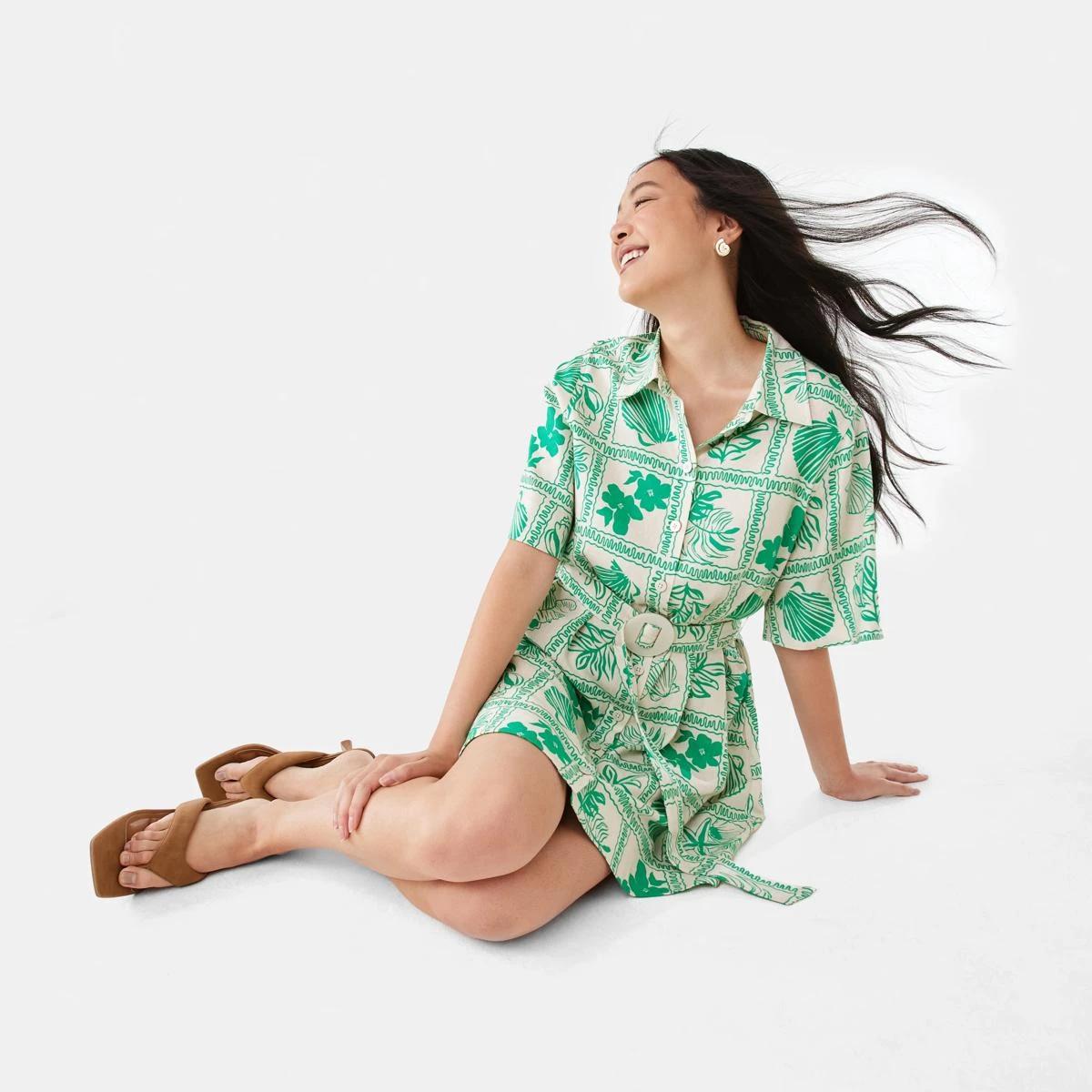 11 Short Sleeve Belted Mini Shirt Dress SHELL GEO SIMPLY GREEN, 11 of 11