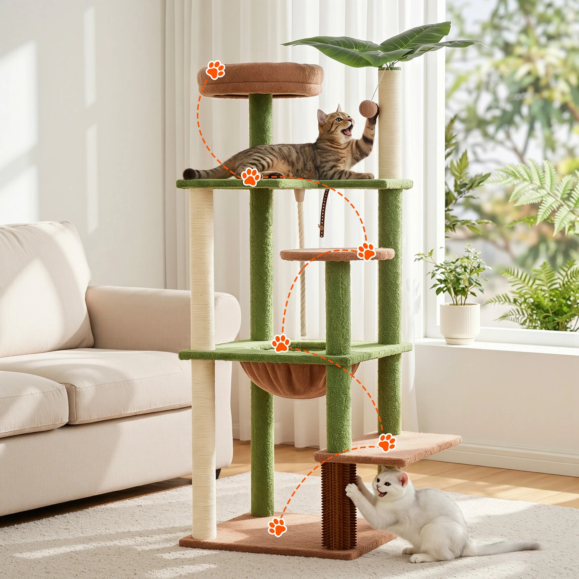 4 i.Pet Cat Tree Tower 152cm Jungle Multi-Level Scratching Post Leafy Canopy - Multi, 4 of 10