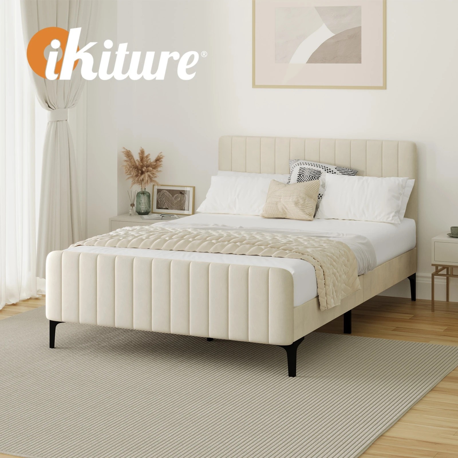 6 Oikiture Double Bed Frame Beds Platform Velvet
 - Beige, 6 of 10