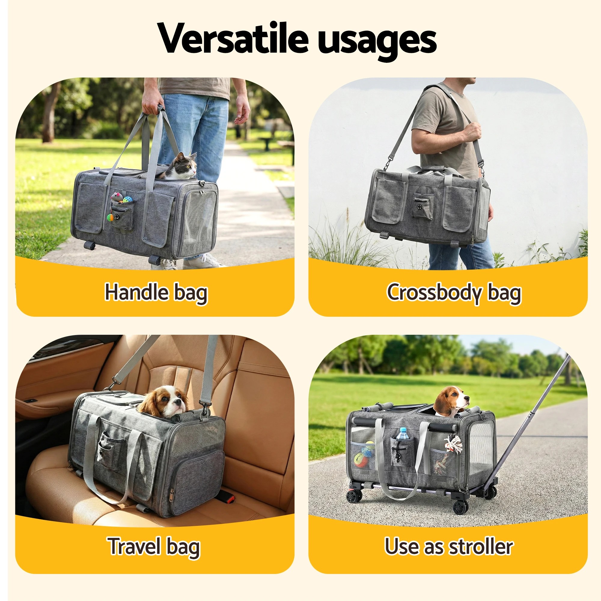 5 i.Pet Pet Carrier Swivel Wheels Foldable Cat Dog Trolley Stroller Travel Bag - Grey, 5 of 8