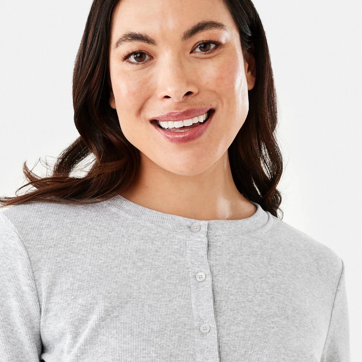 4 Long Sleeve Rib Button Front Top Slvr Marle, 4 of 5