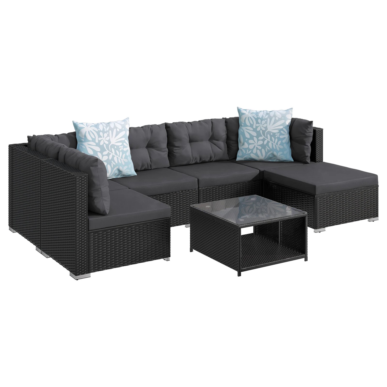 1 Alfordson 6 Seater Outdoor Lounge Setting 7PCS Sofa Set Furniture Patio - Black, 1 of 10