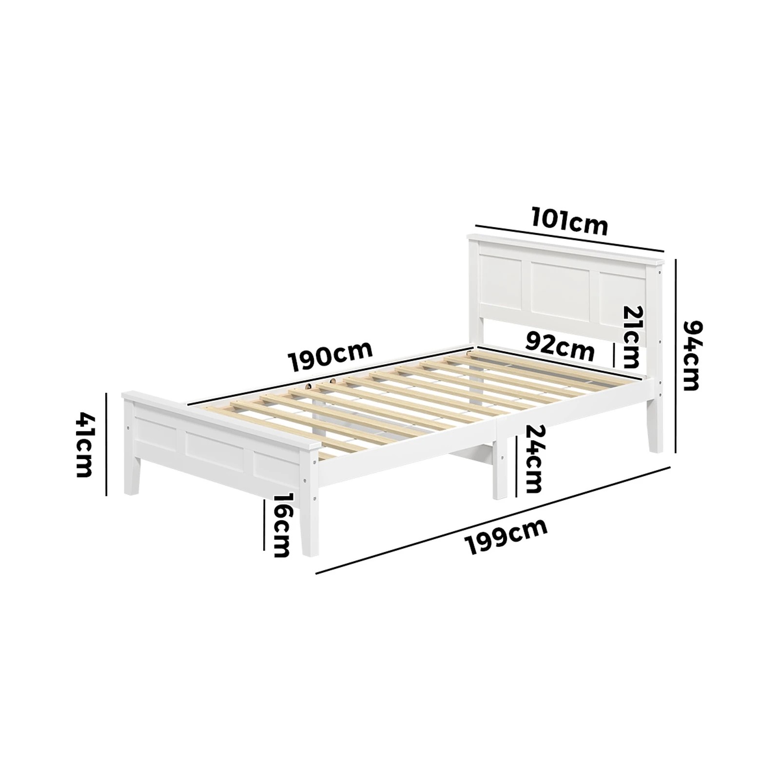 2 Oikiture Single Wooden Bed Frame with Slatted Base Headboard Pine Timber Single - White, 2 of 9