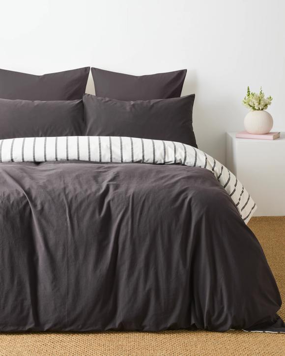 Arlo Stonewash Stripe Quilt Cover Set - Super King Bed - Black