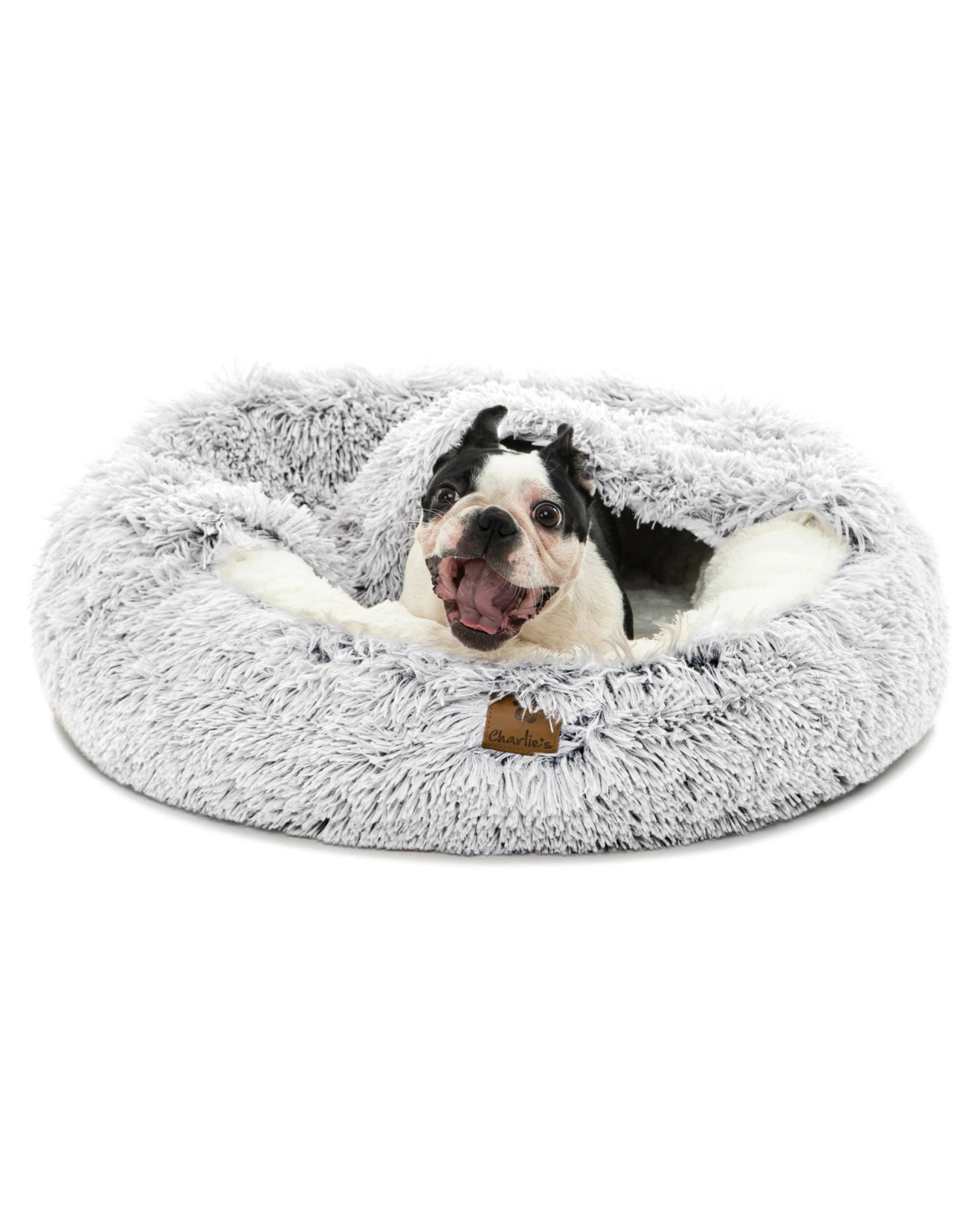1 Charlie's Snookie Hooded Faux Fur Calming Dog Bed Small - White, 1 of 6
