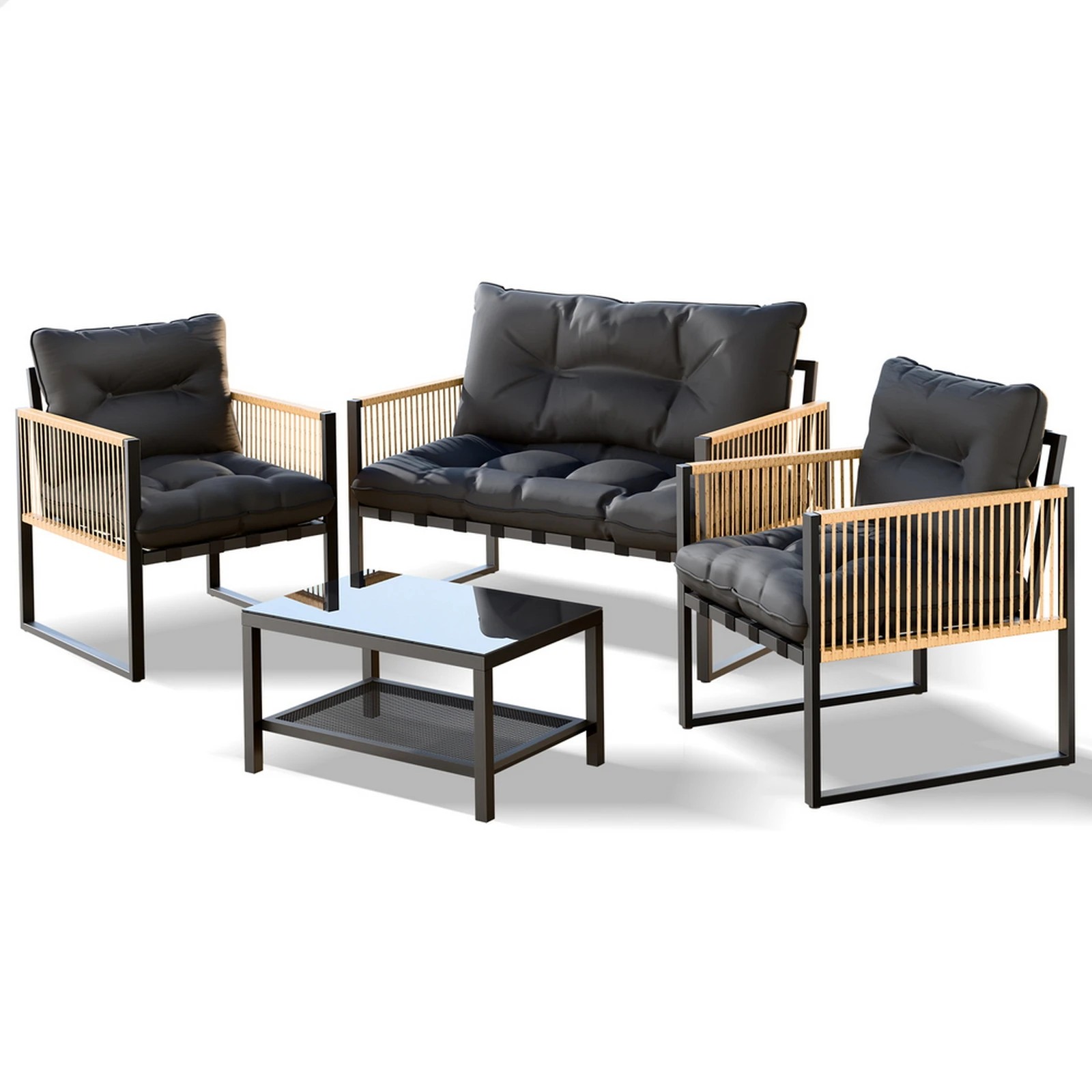 1 Alfordson 4PCS Outdoor Furniture Lounge Set Wicker Table and Chairs Garden - Black Grey, 1 of 10