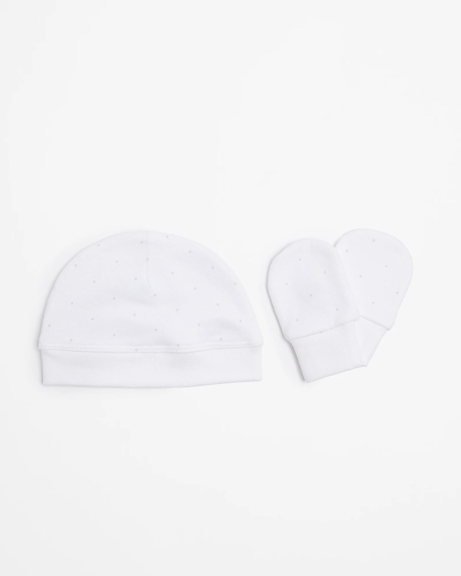 1 Target Baby Organic Cotton Unisex Beanie & Mitten Set — Grey Marle Spot, Newborn (0000 / Up To 4 Kg) WHITE SPOT, 1 of 2
