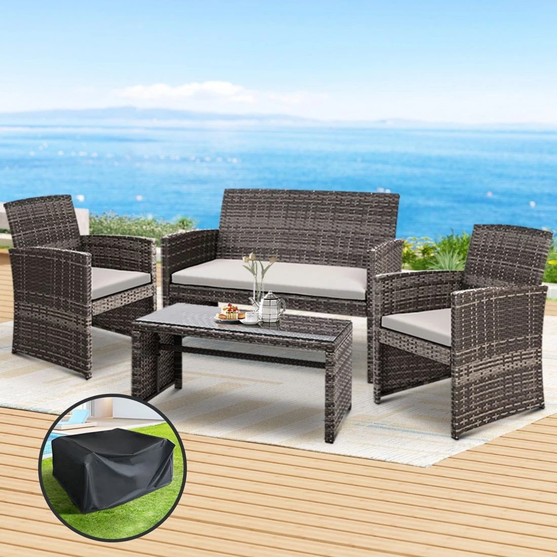 3 Gardeon 4 PCS Outdoor Sofa Set with Storage Cover Rattan Chair Furniture - Grey, 3 of 7