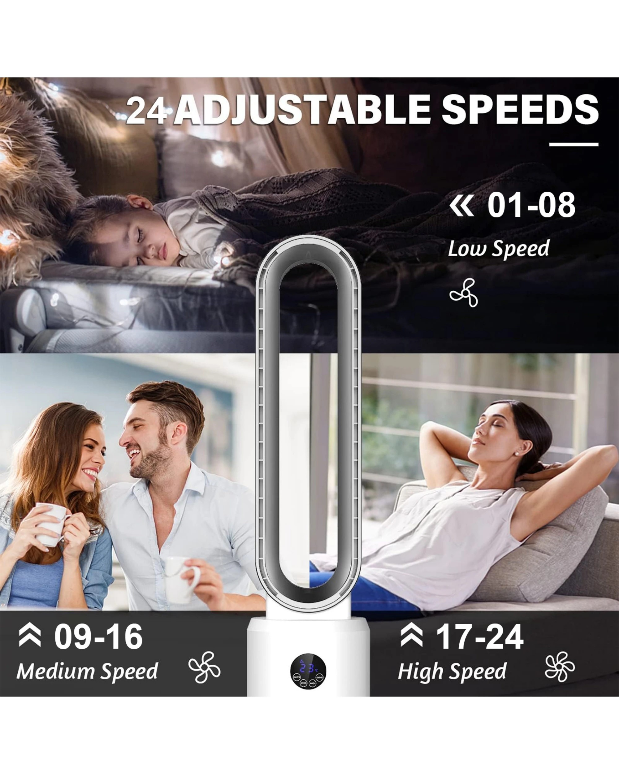 7 Advwin Bladeless Tower Fan Portable Electric Standing Floor Fan Air Circulator With Remote 24-Speeds Adjustable, White, 7 of 7