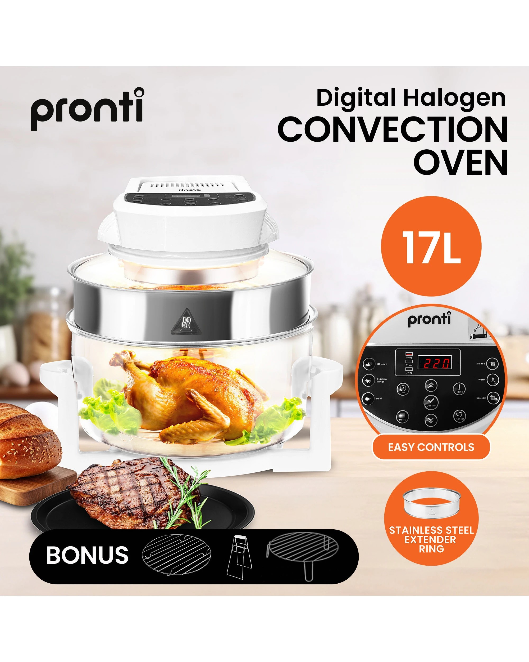 3 Pronti 17l Digital Family Turbo Convection Oven Broiler Cooker - White, 3 of 10