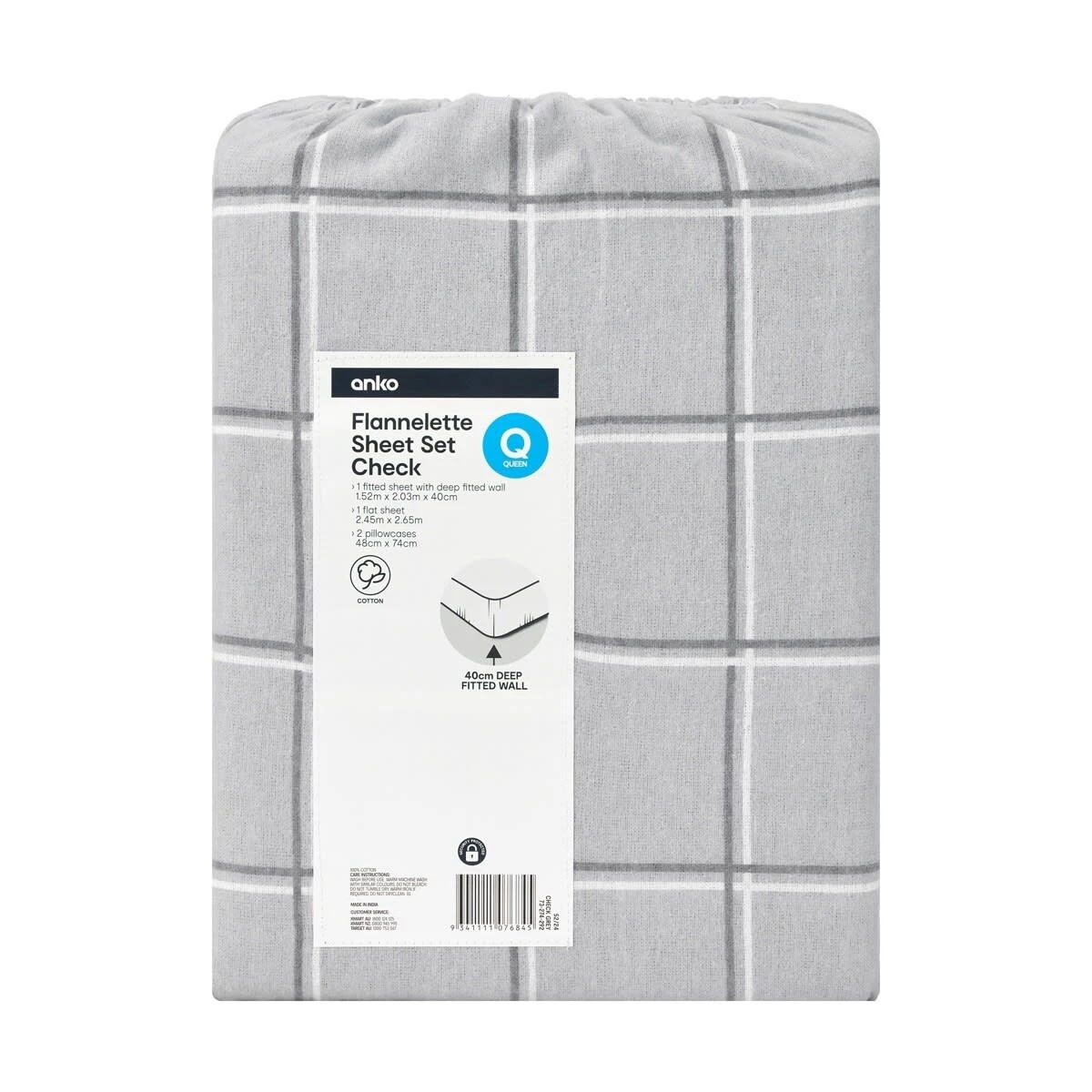 7 Check Flannelette Sheet Set - Queen Bed, Grey, 7 of 7