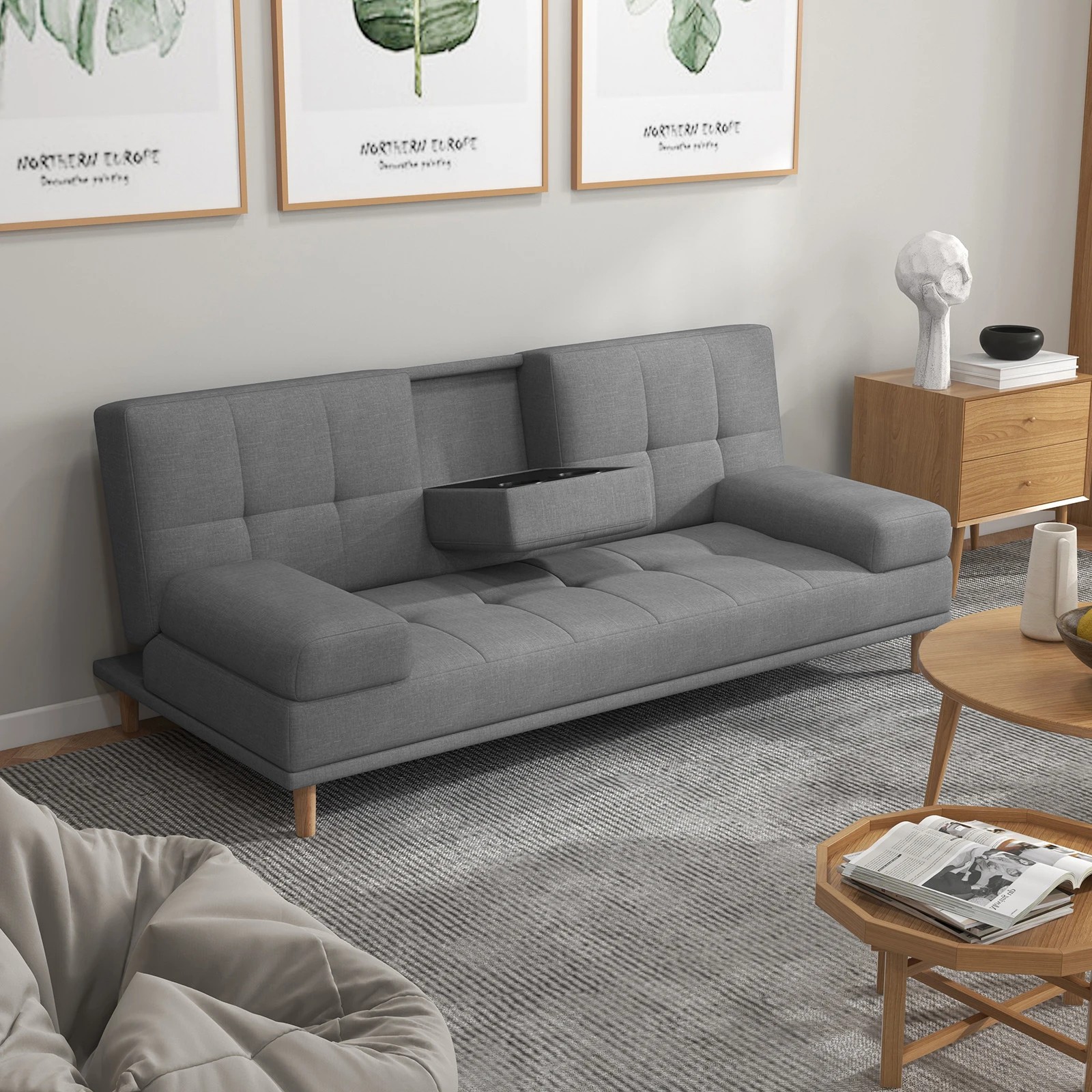 5 Casa Decor Mendoza 2 in 1 Sofa Bed Couch Pull Down Cupholder 3 Seats Futon Grey - Grey, 5 of 8