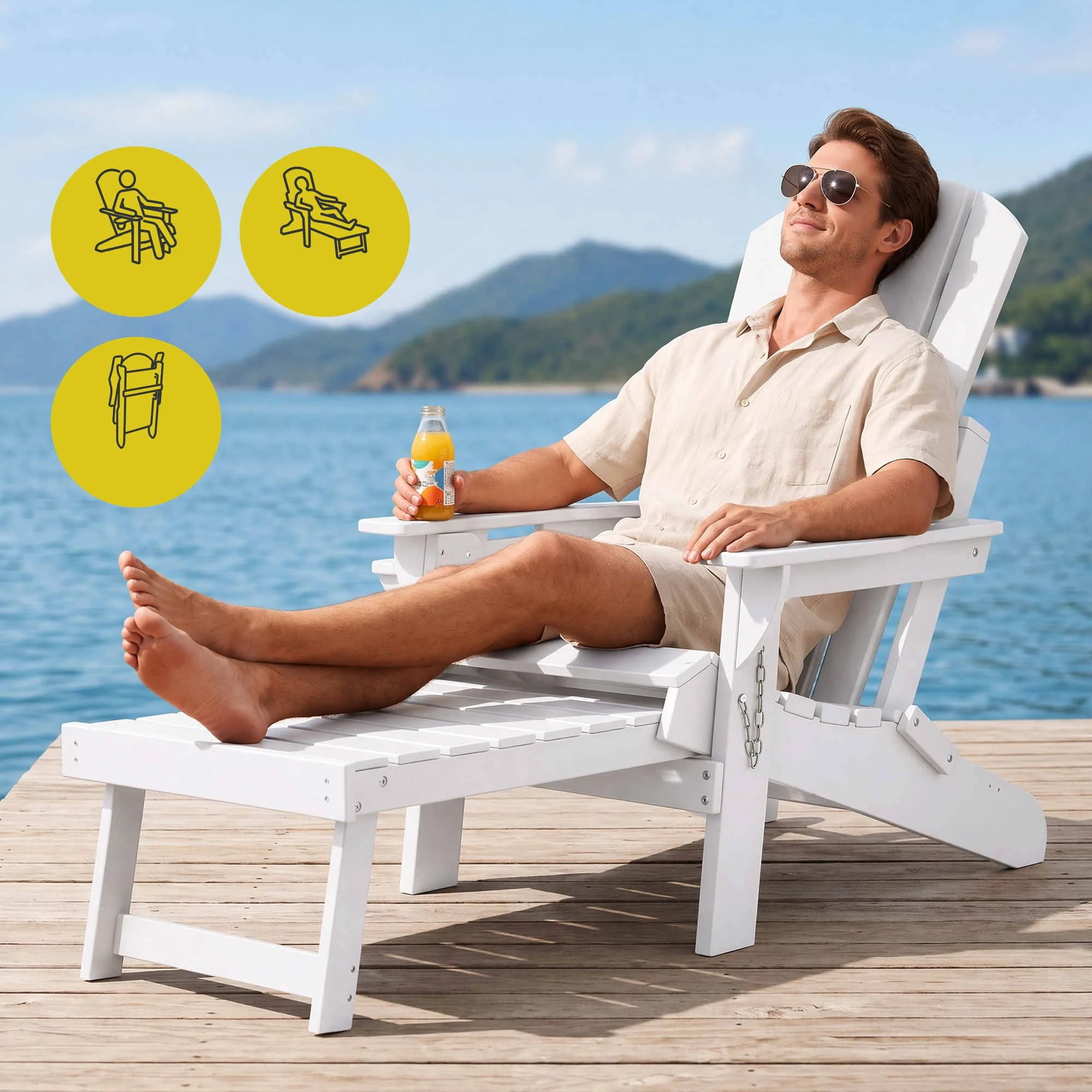 5 Gardeon Folding Sun Lounger Adirondack Chair Outdoor Lounge Setting HDPE Recliner Footrest - White, 5 of 9