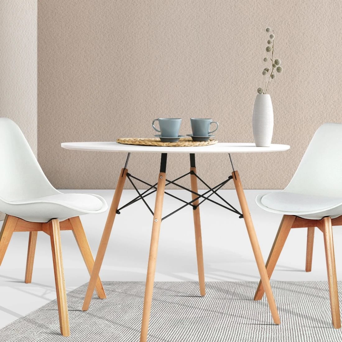 3 Artiss 90cm Round Dining Table Reinforced MDF Top Solid Beech Legs Durable Stable 4 Seater Modern Centrepiece - white, 3 of 6