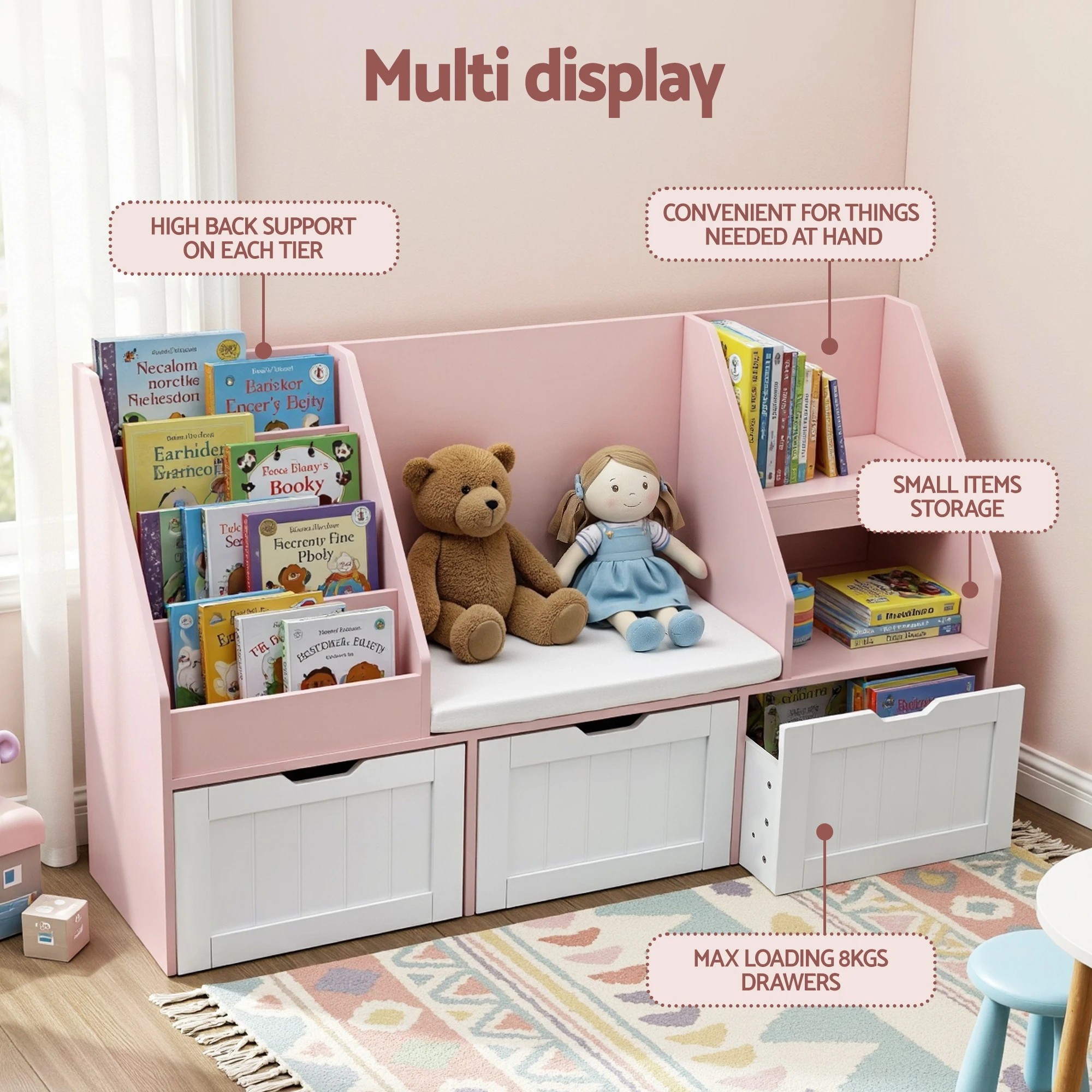 6 Keezi Kids Bookshelf Storage Organiser Toy Box Drawer Bench Seat Cabinet - Pink, 6 of 9