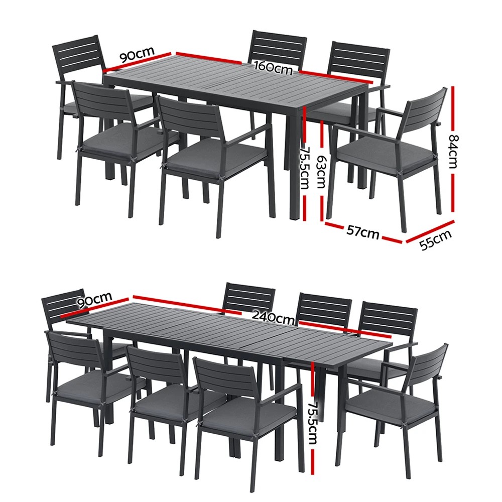 2 Gardeon Outdoor Dining Set 9PCS Aluminum Extendable Table Chairs Patio Furniture - Black, 2 of 7