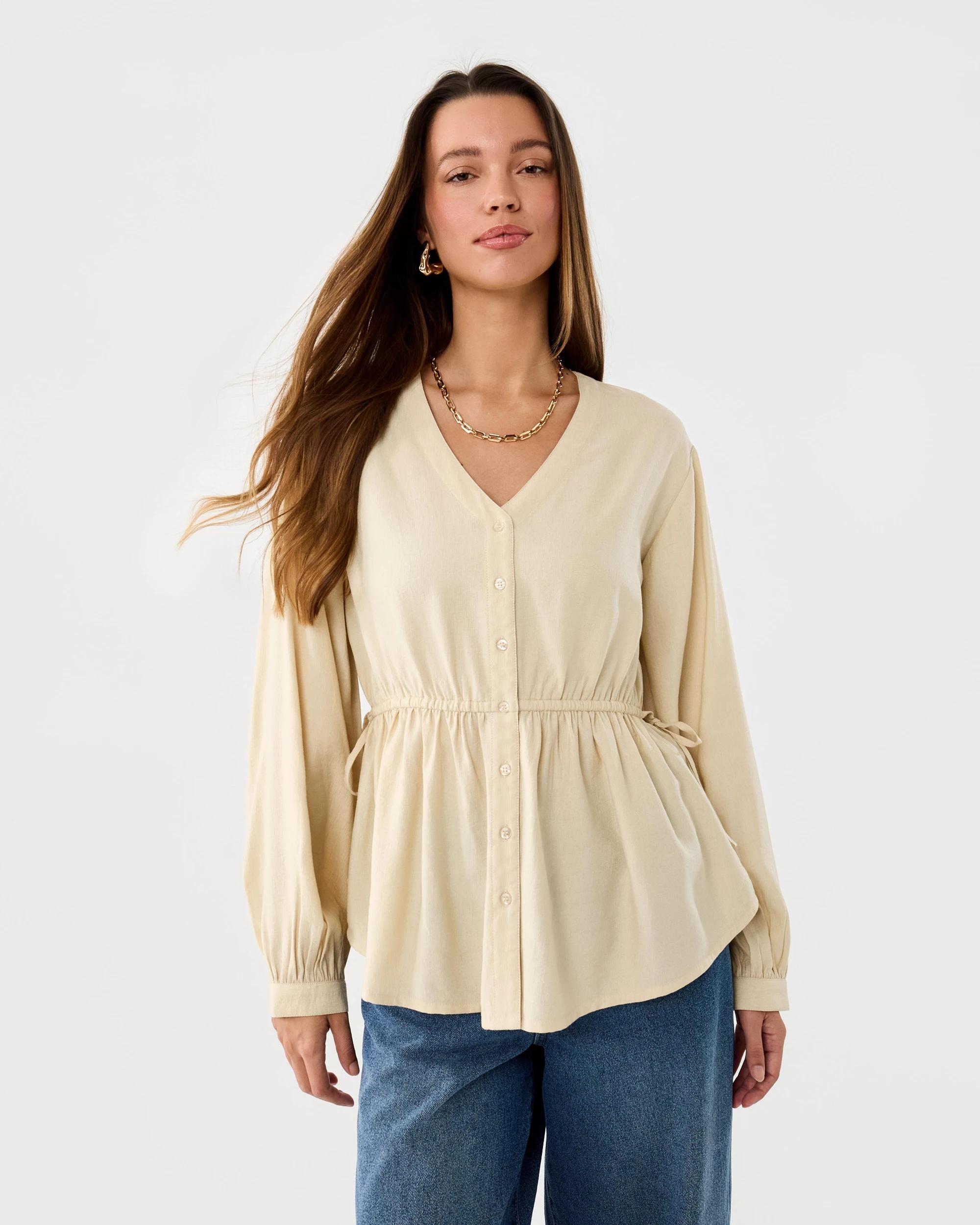 1 Long Sleeve Ruched Tie Top Vanilla, 1 of 7