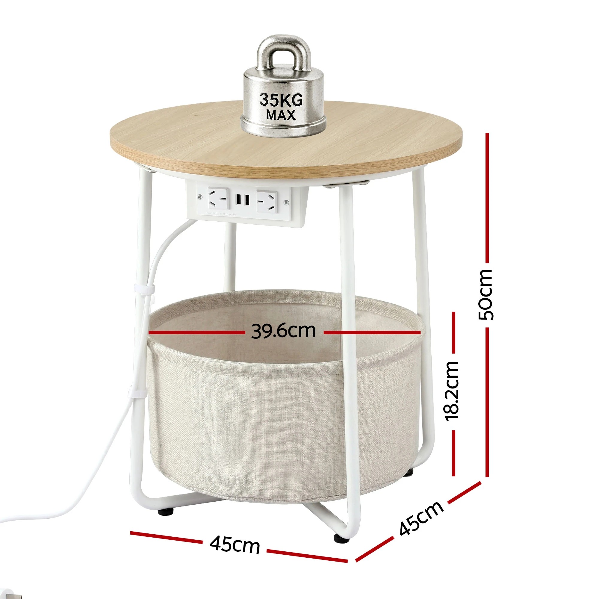 2 Artiss Round Coffee Table Side End Bedside Table Charging Station Storage Basket Wood - Beige, 2 of 9