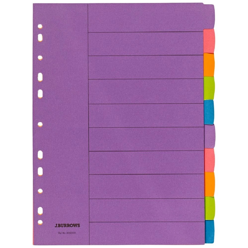 1 J.Burrows Manilla Dividers A4 Summer Colours 10 Tab, 1 of 3