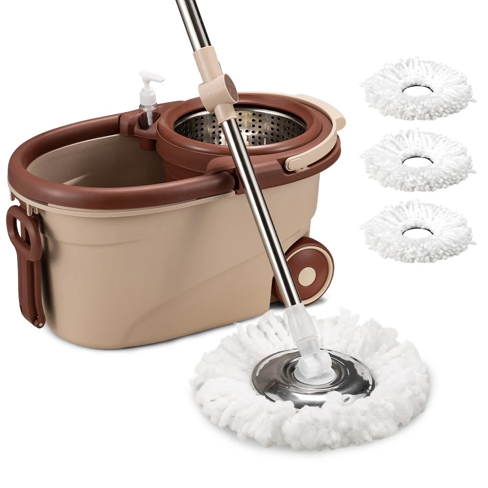 1 ZUNI Spin Mop Bucket Set Floor Mop Stainless Steel Rotating w/ 2 Heads - Brown, 1 of 3