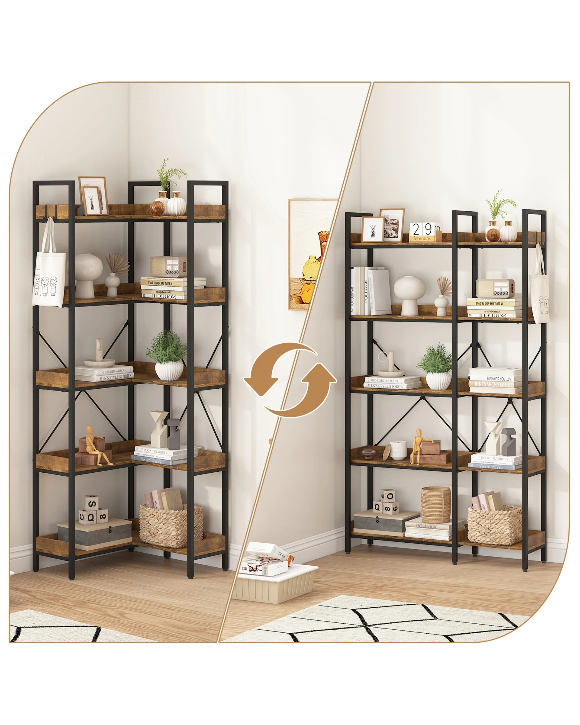 4 Advwin 5-Tier Corner Bookshelf L Shaped Bookcase, 4 of 9