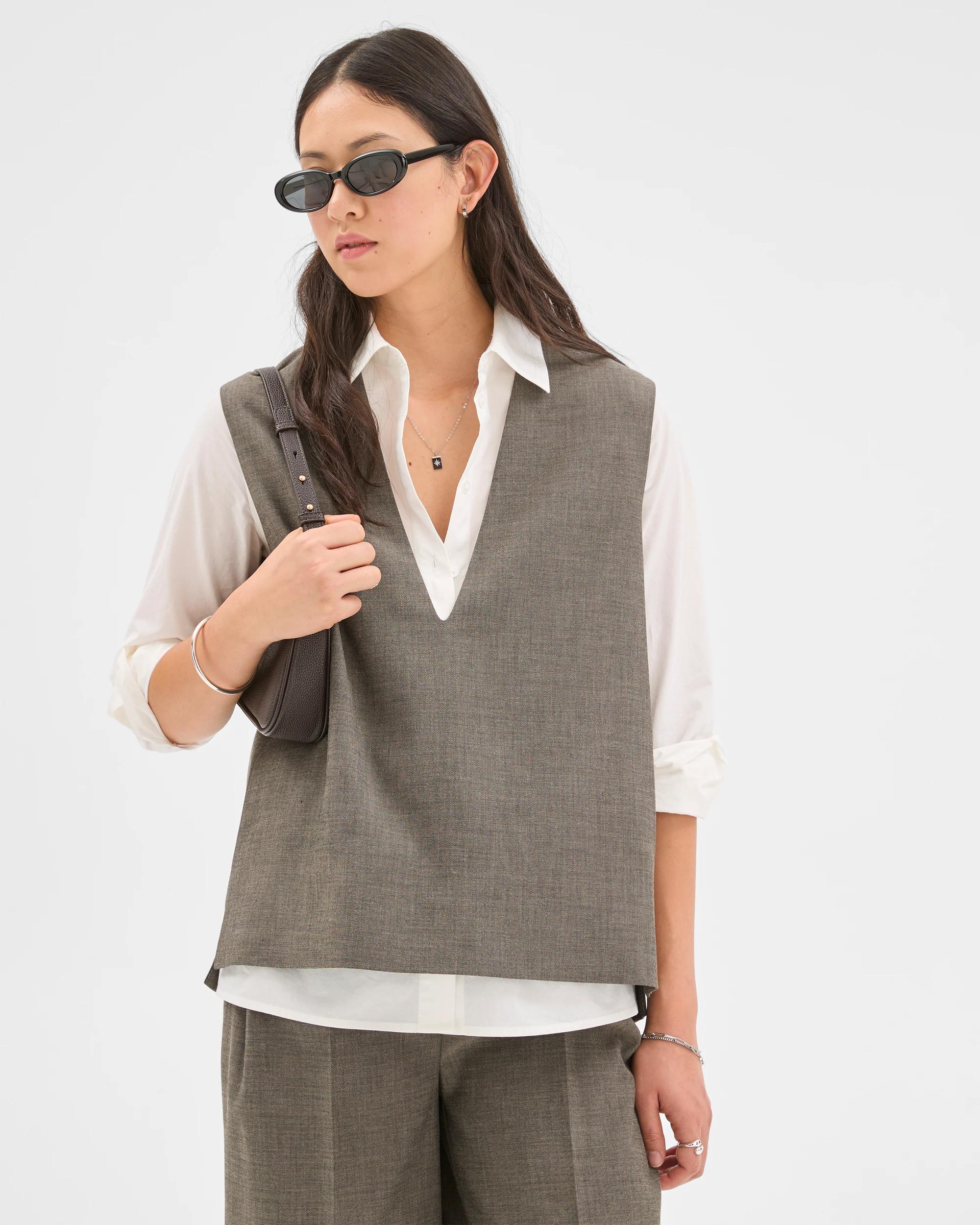 1 Preview Sleeveless Deep V-Neck Tailored Vest DARK CHOCOLATE MELANGE, 1 of 6