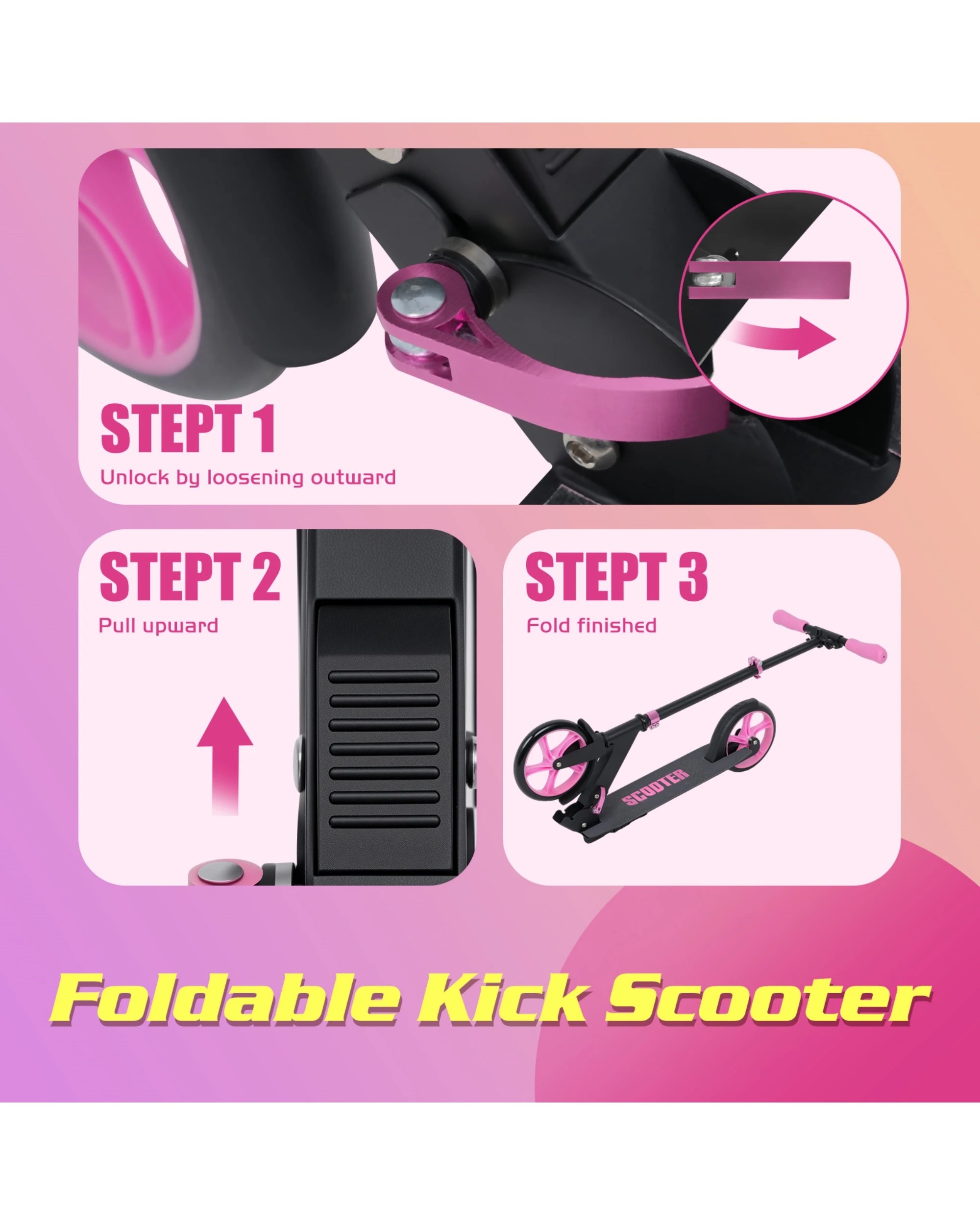 6 Advwin Folding Kids Kick Scooter w/ Big Wheel & Adjustable Height Pink, 6 of 8