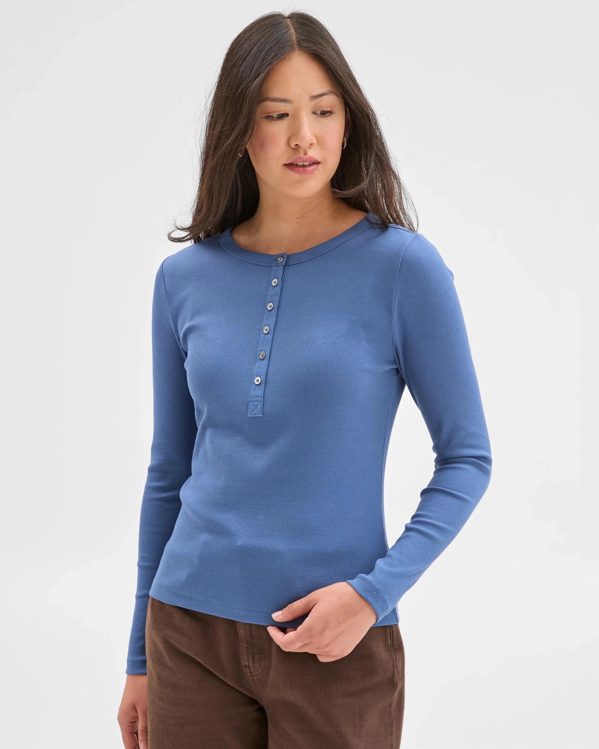 3 Target Woman Australian Cotton Long Sleeve Rib Henley T-Shirt BLUE JAY, 3 of 7