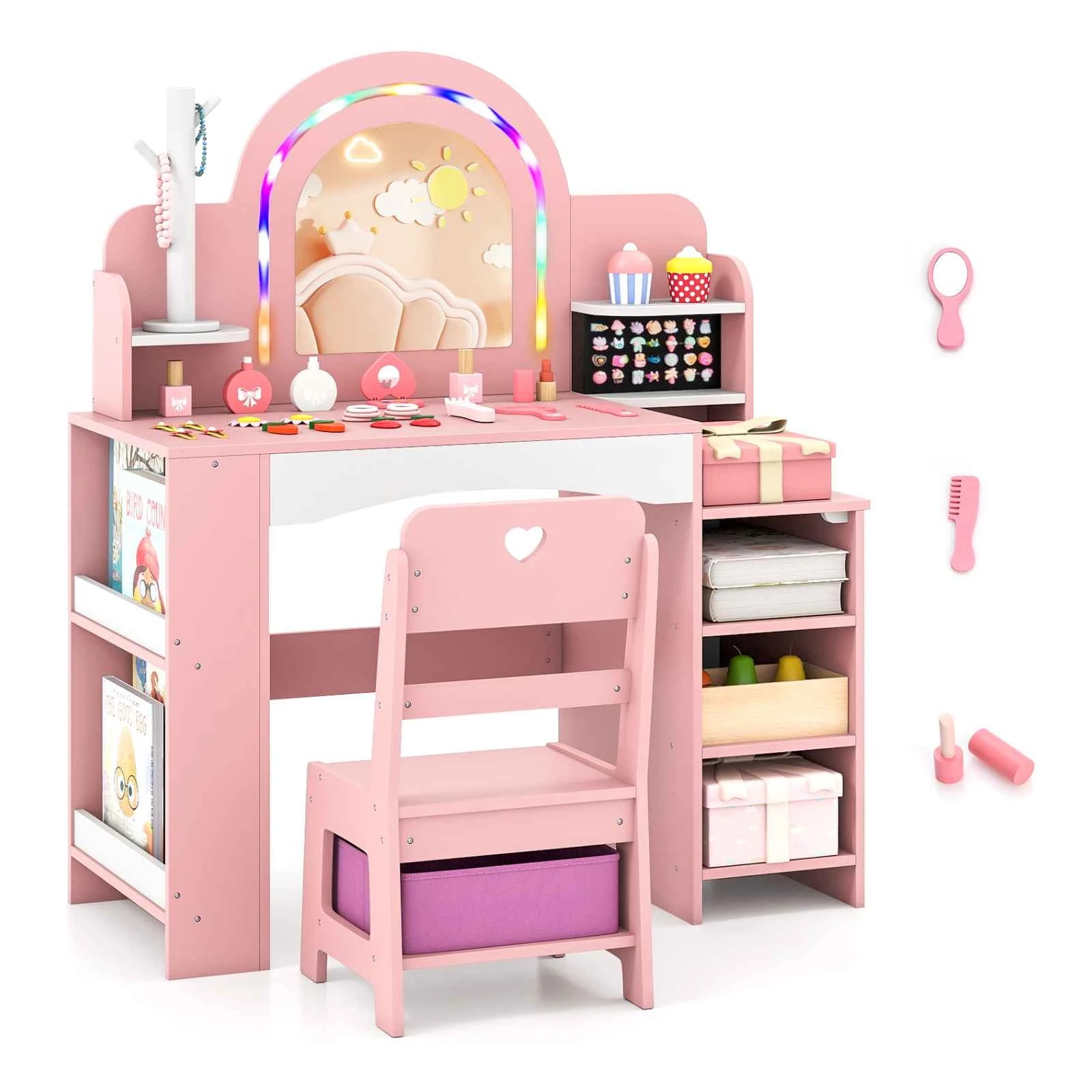 1 Costway Vanity Desk Lighted Dressing Table & Chair Set - Pink, 1 of 3