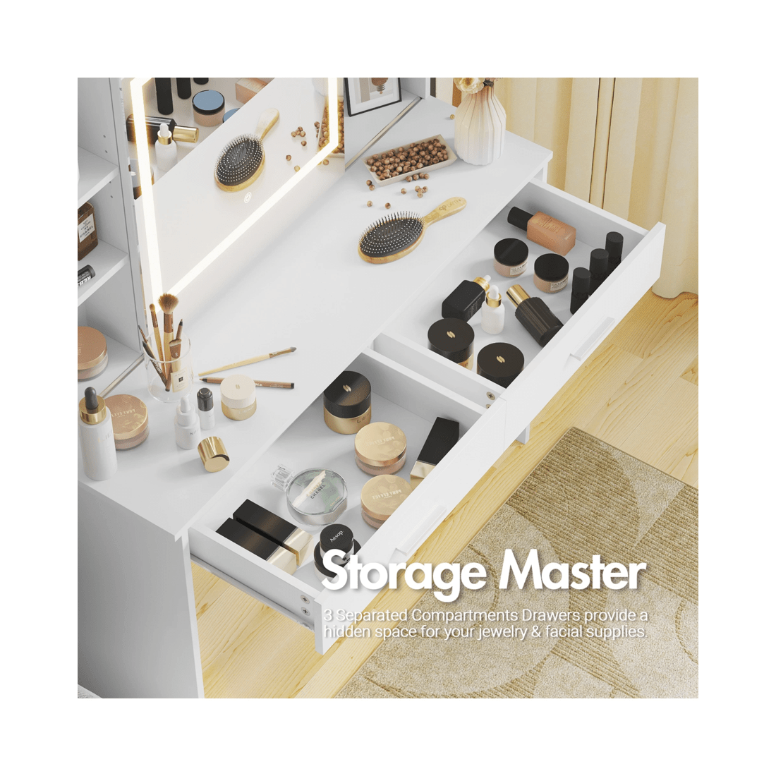 5 Advwin Dressing Table Stool Set With Slide Make Up Led Mirror Vanity Desk With 2 Storage Drawers And Open Storage Shelf, 5 of 10