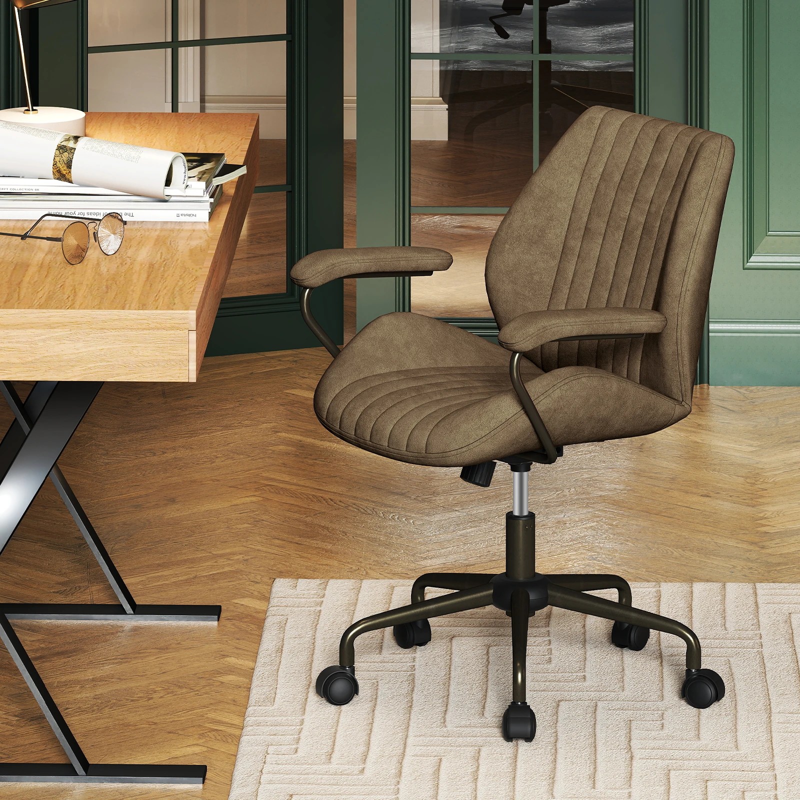 3 Costway Office Chair Mid Century Modern Swivel Computer Desk Chair w/Padded Arms, 3 of 4