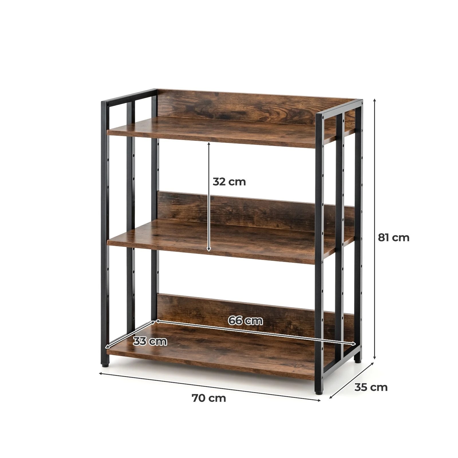 3 Costway 3-Tier Bookcase Storage Rack Metal Frame Display Shelf w/Adjustable Shelves - Brown, 3 of 4