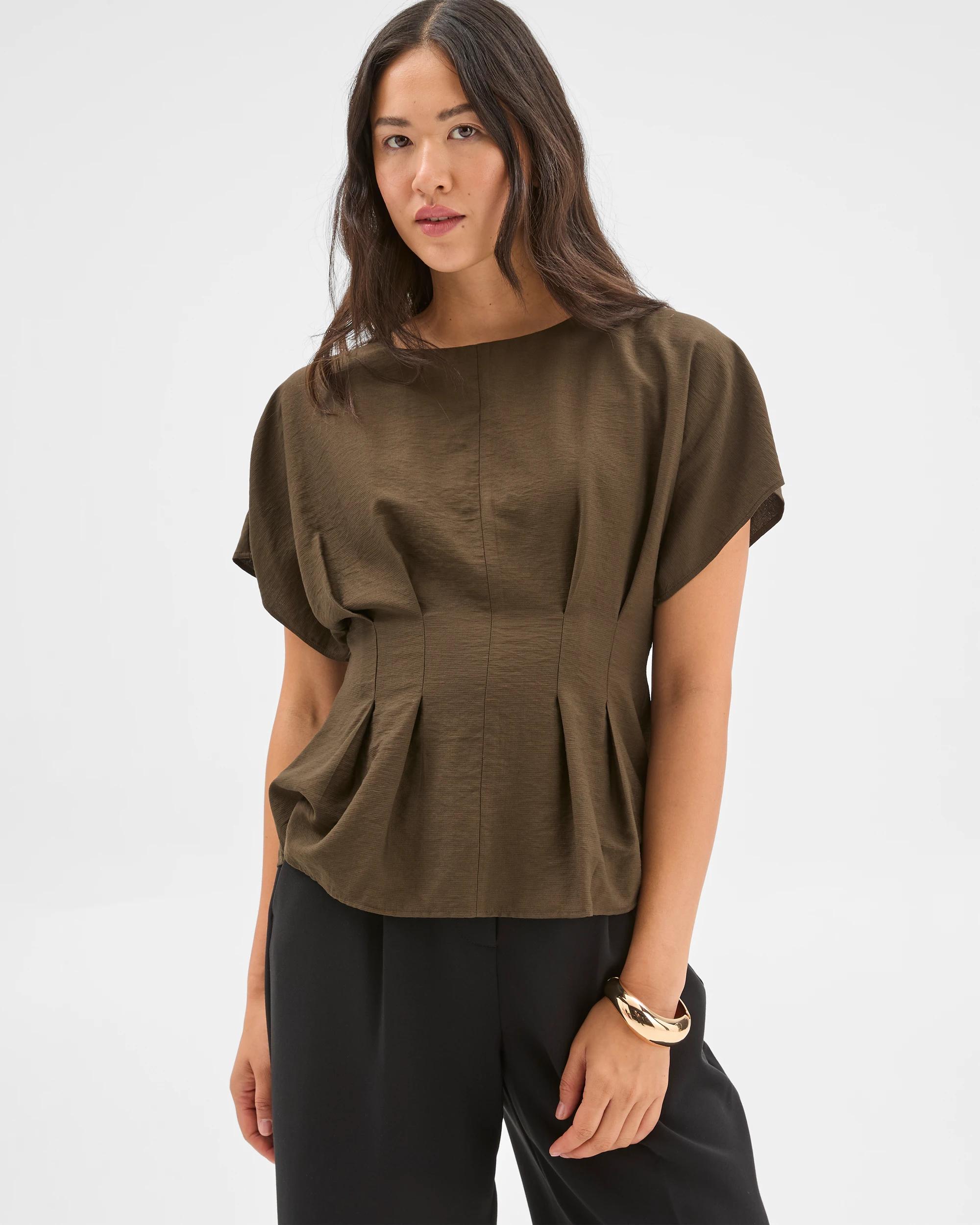 1 Preview Short Sleeve Femme Tuck Blouse DARK OLIVE, 1 of 6