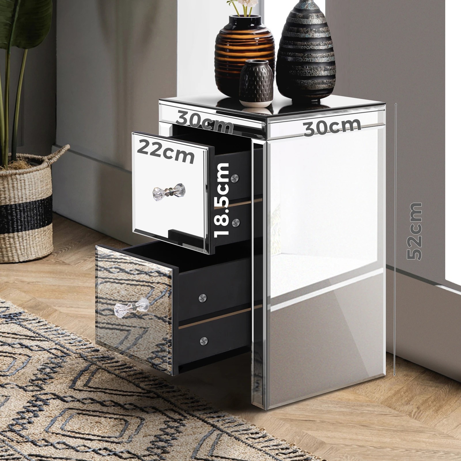 6 Alfordson 2x Mirrored Bedside Table Nightstand Storage Drawers - Silver, 6 of 10