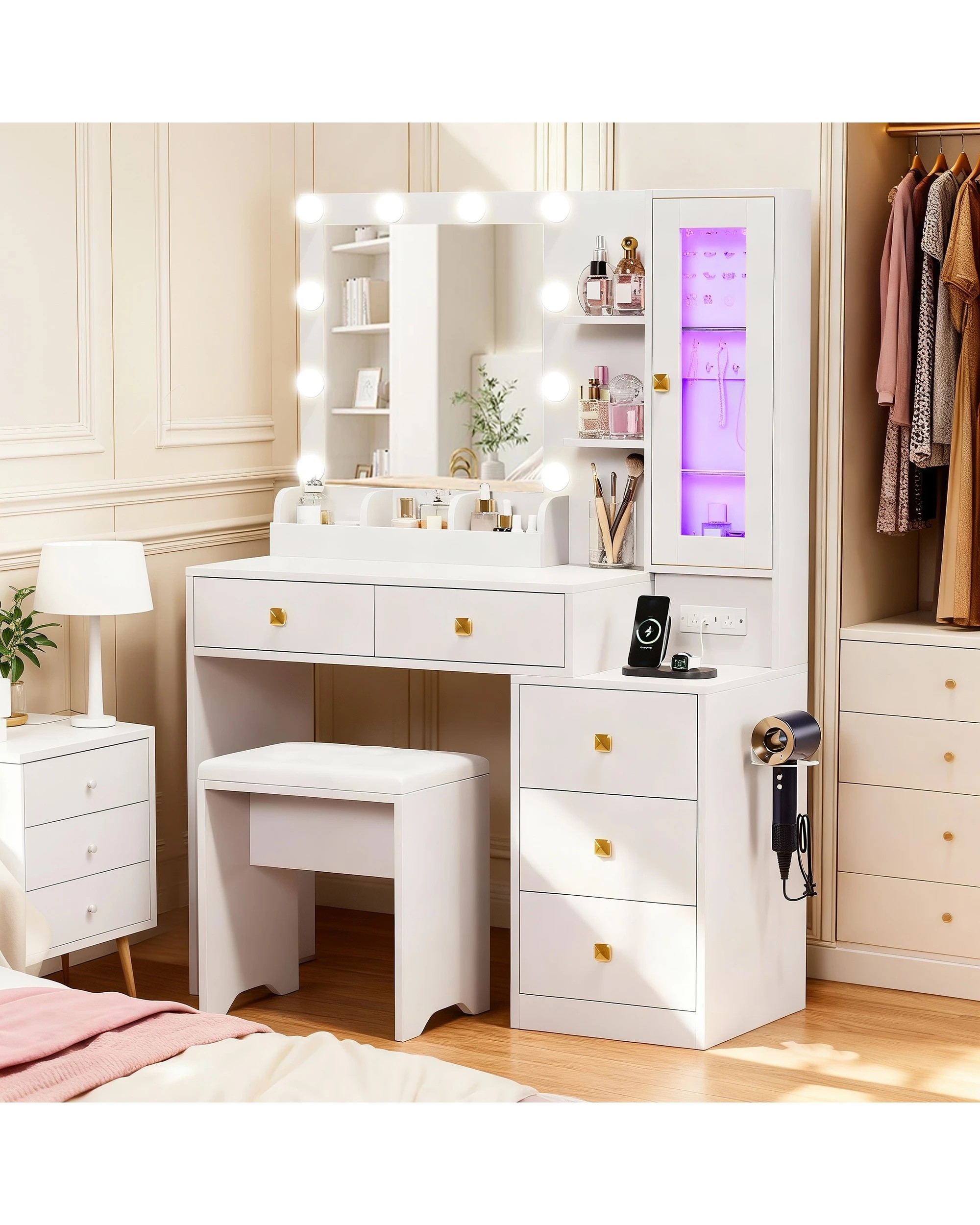 3 Advwin Dressing Table Makeup Mirror Stool Set with Charging Station LED Light - White, 3 of 9