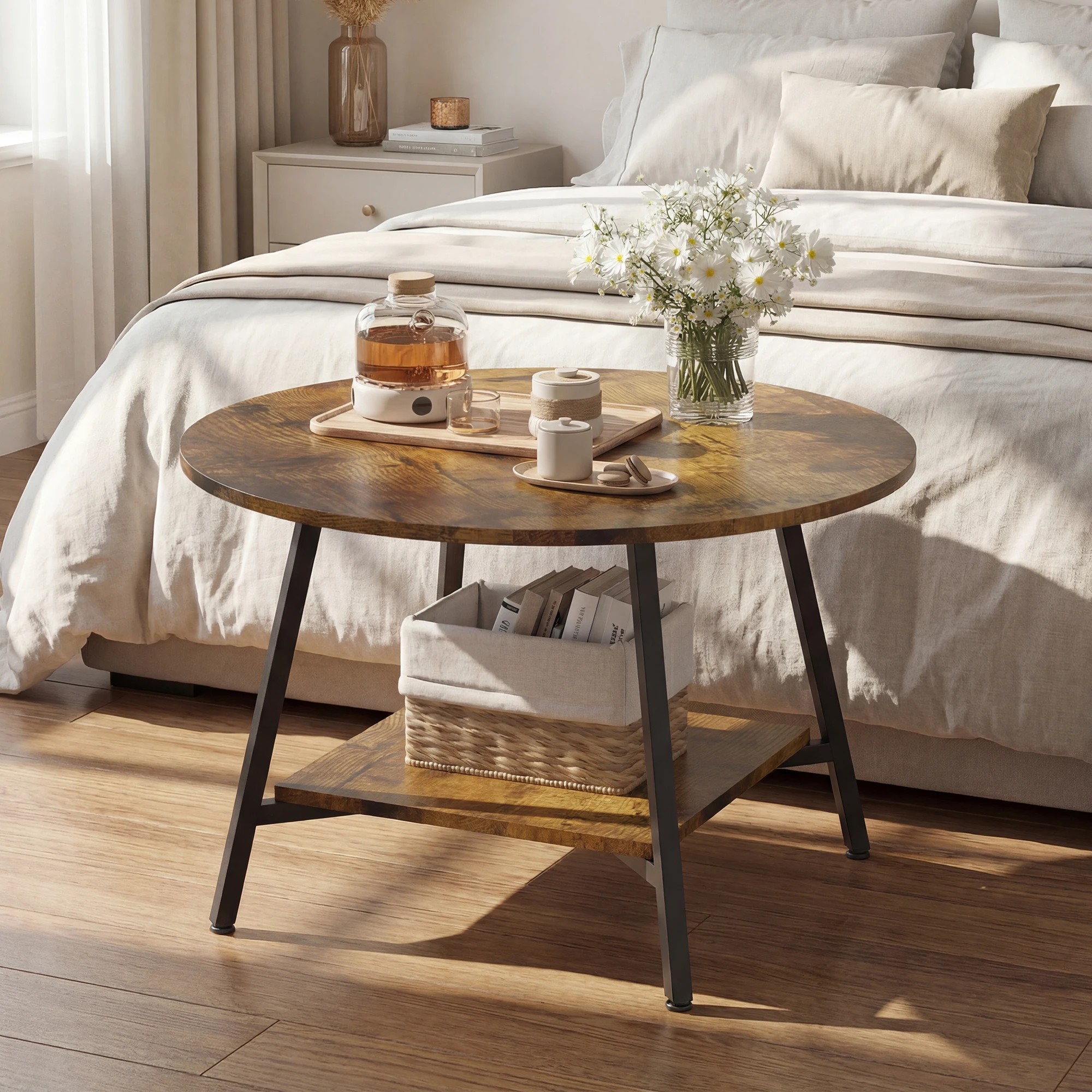 4 Advwin 73cm Round Coffee Table w/ Open Shelf - Brown, 4 of 9