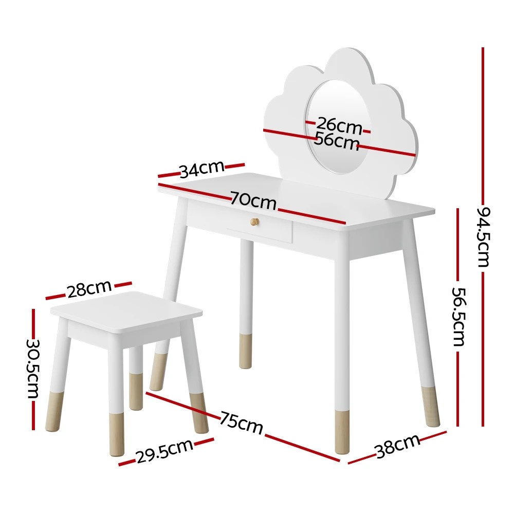 3 Keezi Kids Dressing Table Chair Set Vanity Makeup en Leg Mirror Drawer - White, 3 of 3