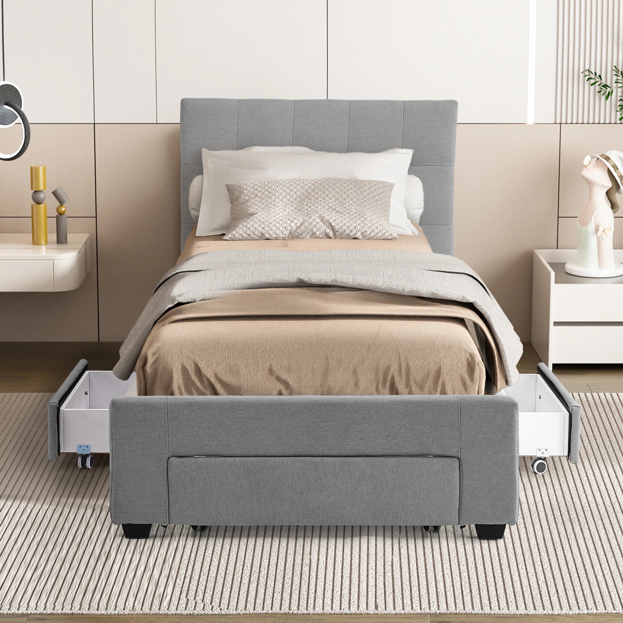 7 Levede Single  Fabric Bed Frame Base With Storage Drawers - Grey, 7 of 9