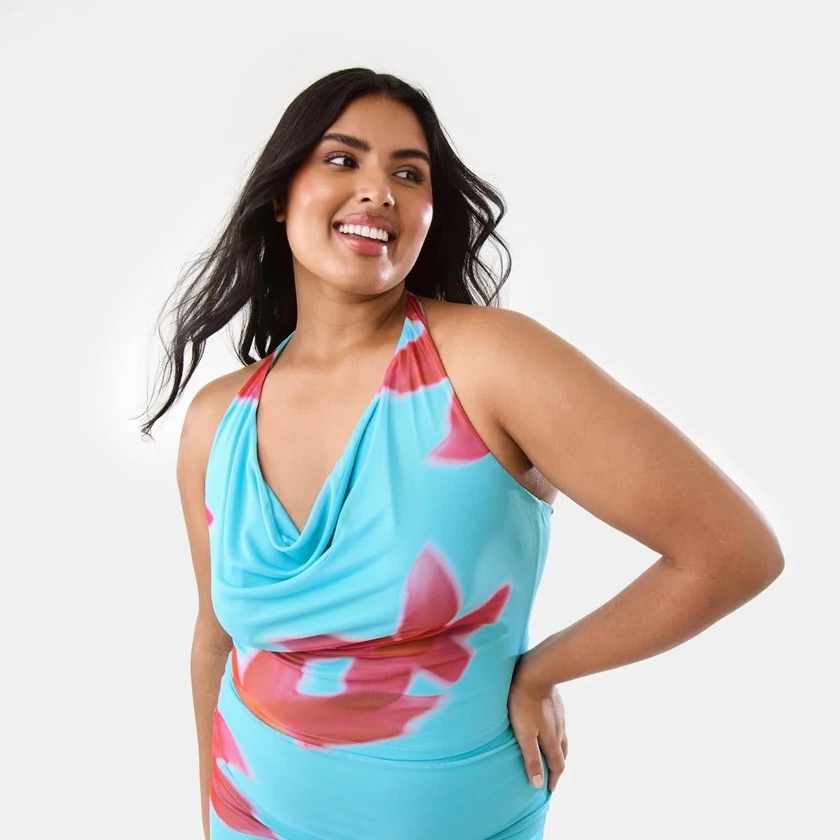 3 Sleeveless Mesh Cowl Halter Top HOT TROP CLEAR AQUA, 3 of 9