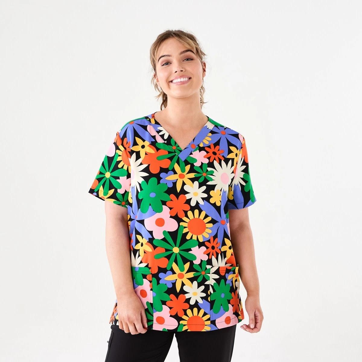 1 Work Short Sleeve Print Scrub Top Ovsz Flora, 1 of 6